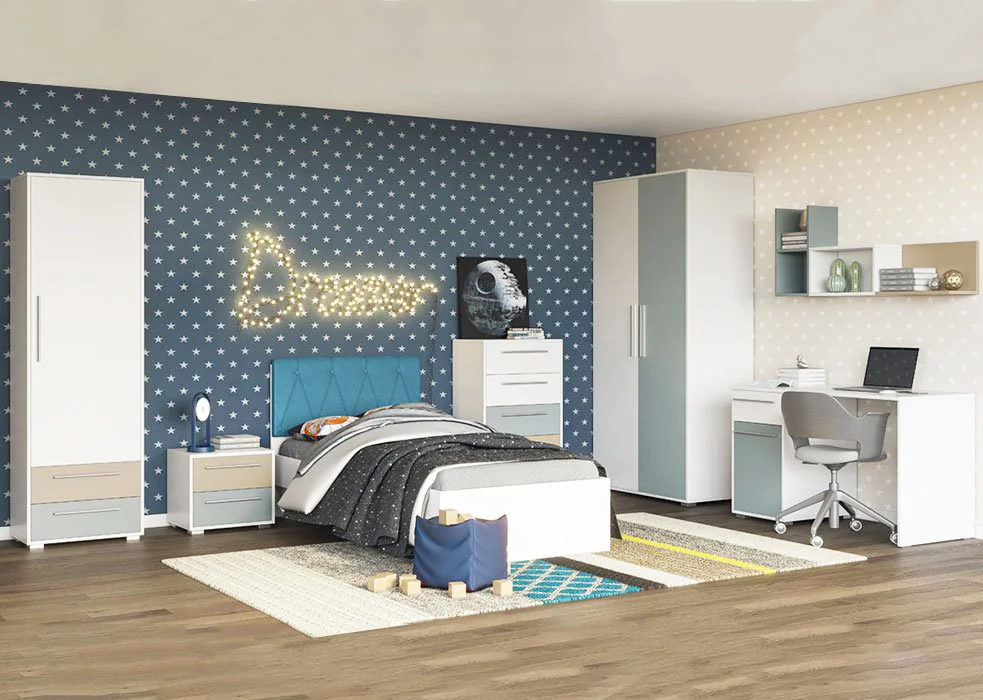 Детская спальня Tvist • Белый + Глиняный Серый + Холодный Голубой (кровать + тумба + комод 60 + пенал + шкаф 2Д + стол + полка модульная)