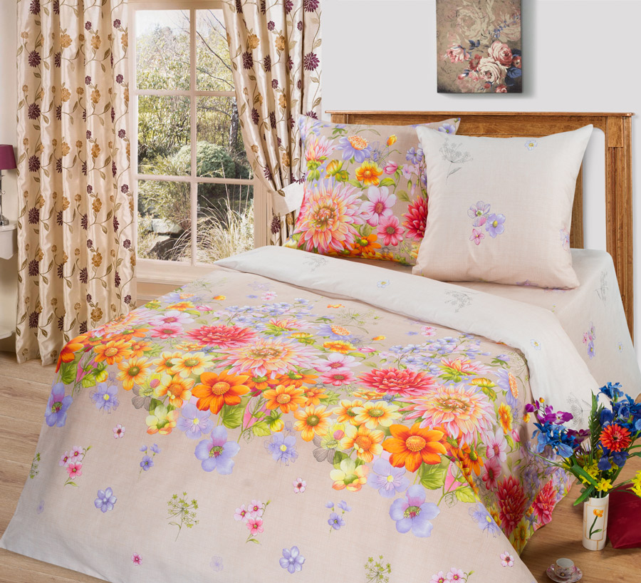 Комплект «Цветочное панно» бежевый двуспальный