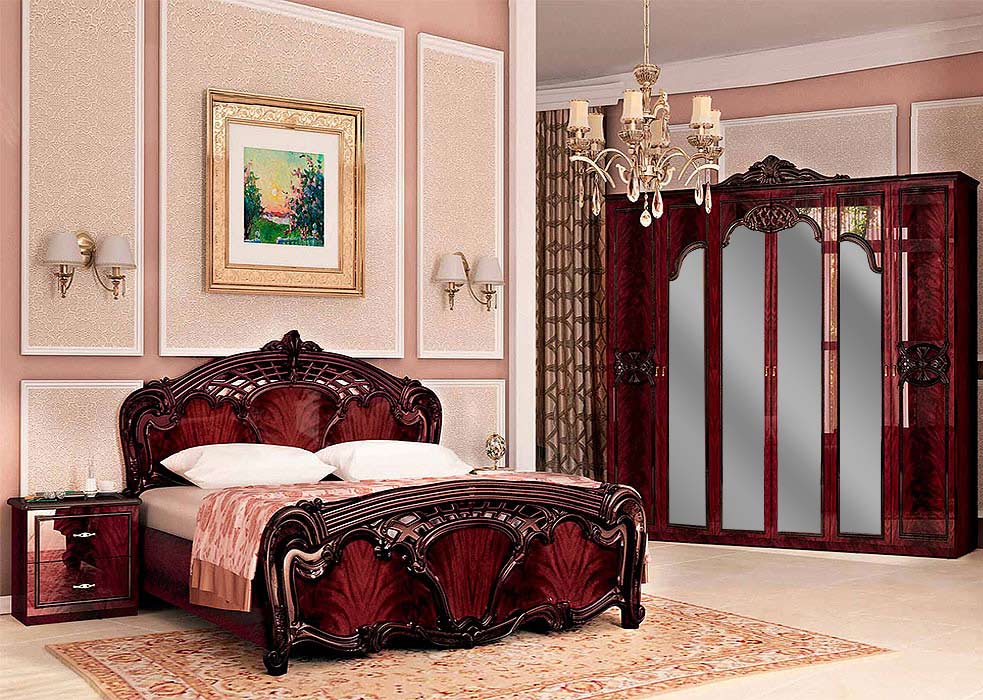 Спальня Олимпия Перо рубино (Кровать, Тумбочки 2Ш - 2 шт, Шкаф 6Д)