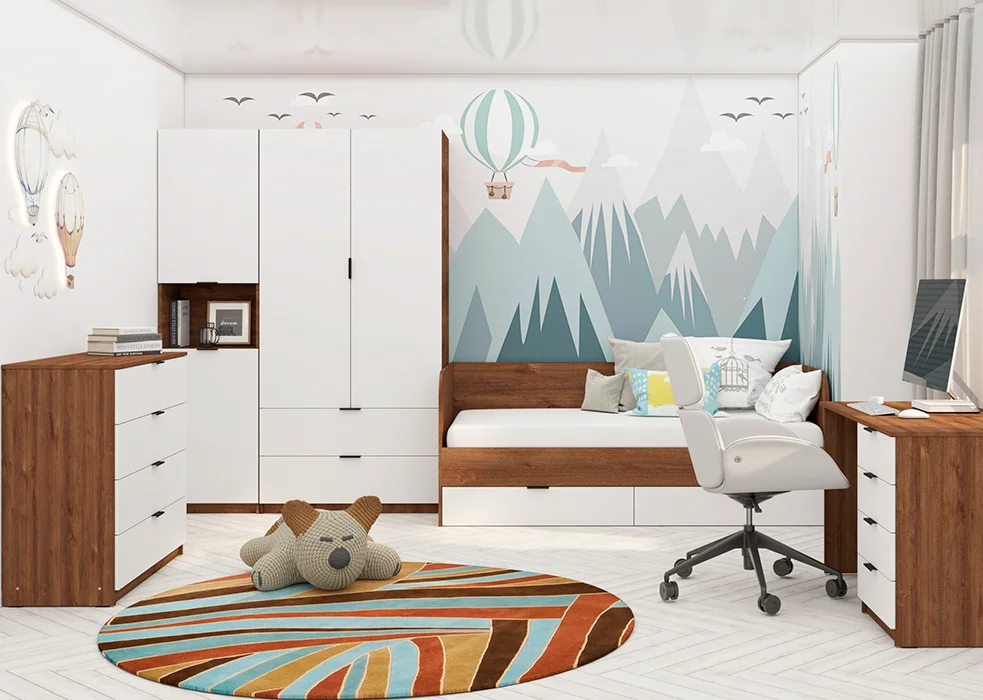 Дитяча кімната Junior • Біле дерево + Дуб експресив бронзовий (ліжко + стіл письмовий + шафа 2Д + пенал + комод)
