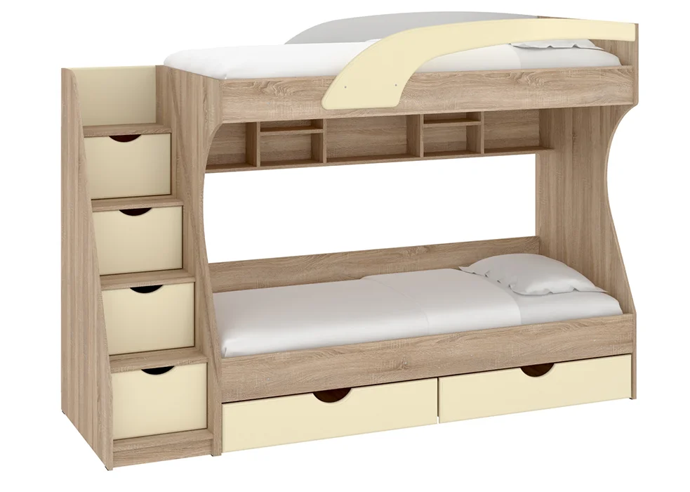 Кровать двухъярусная с ящиками и лестницей Kadet 800x1900 (ДСП основа) • Сонома + Ваниль (МДФ)