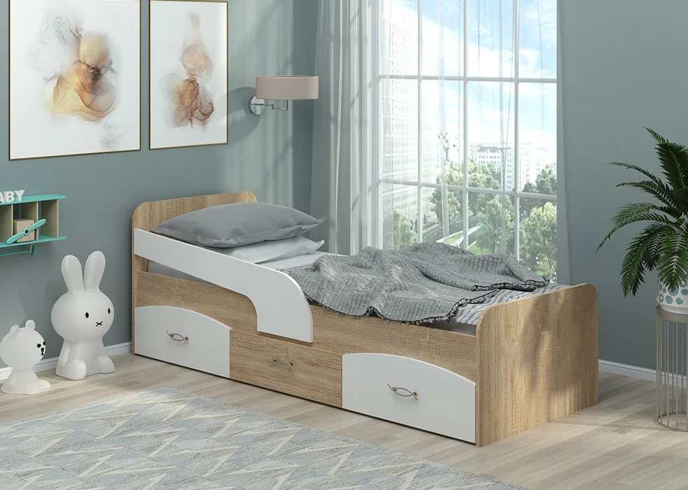 Спальня детская Milka • Сонома + Белый (2в1 кровать односпальная + ящики для белья)