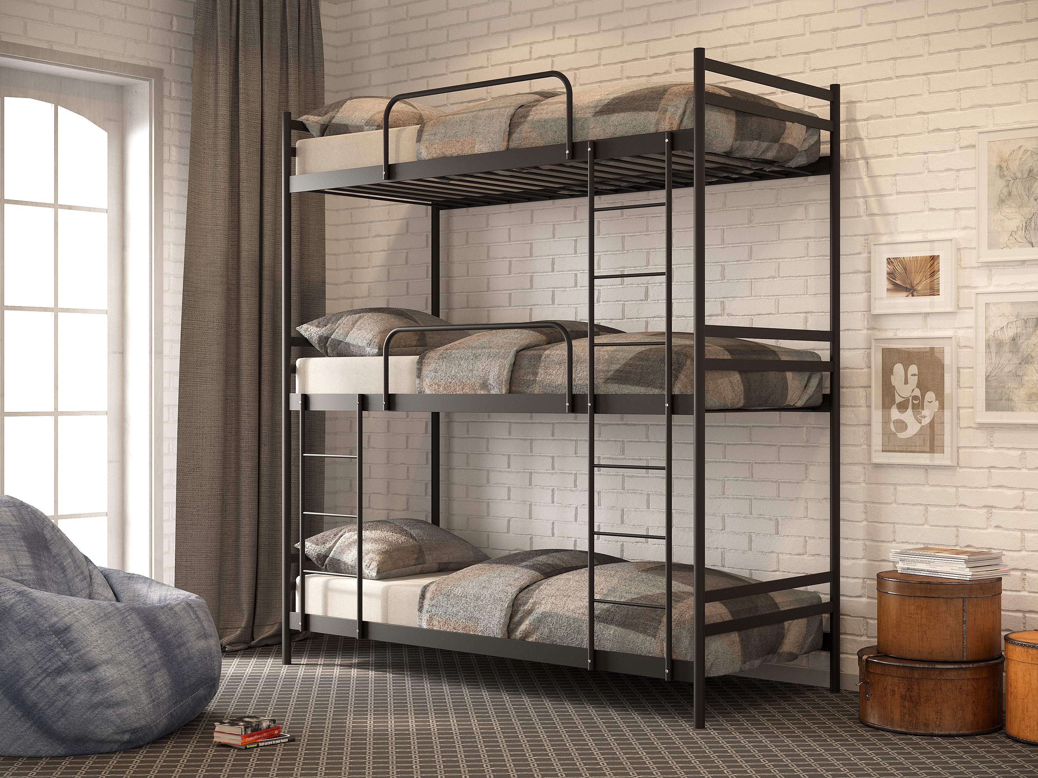 Металеве ліжко триповерхове Trio 90x200 см Бежевий