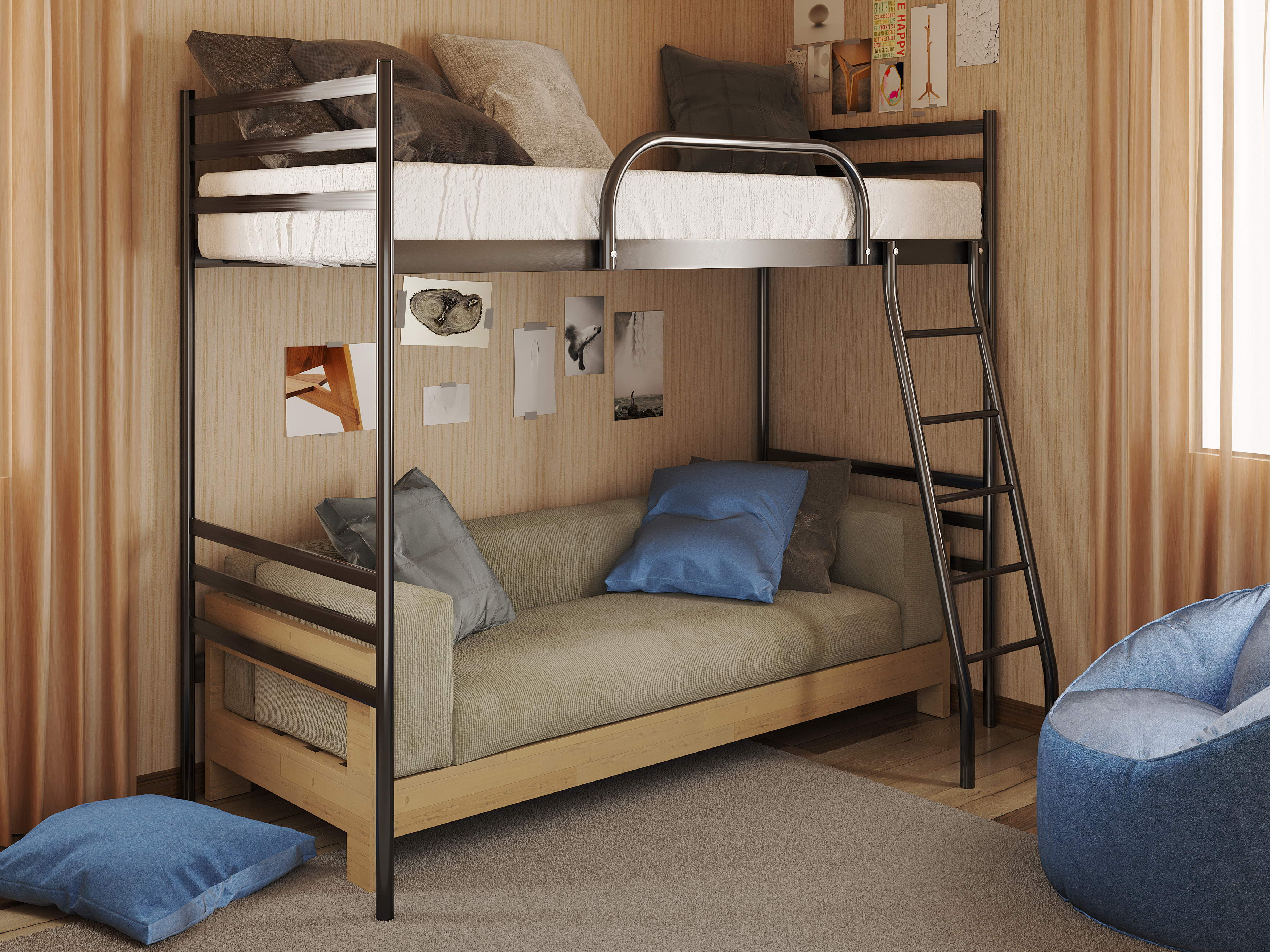 Металеве ліжко Fly Duo Cherdak 80x200 см Чорний матовий