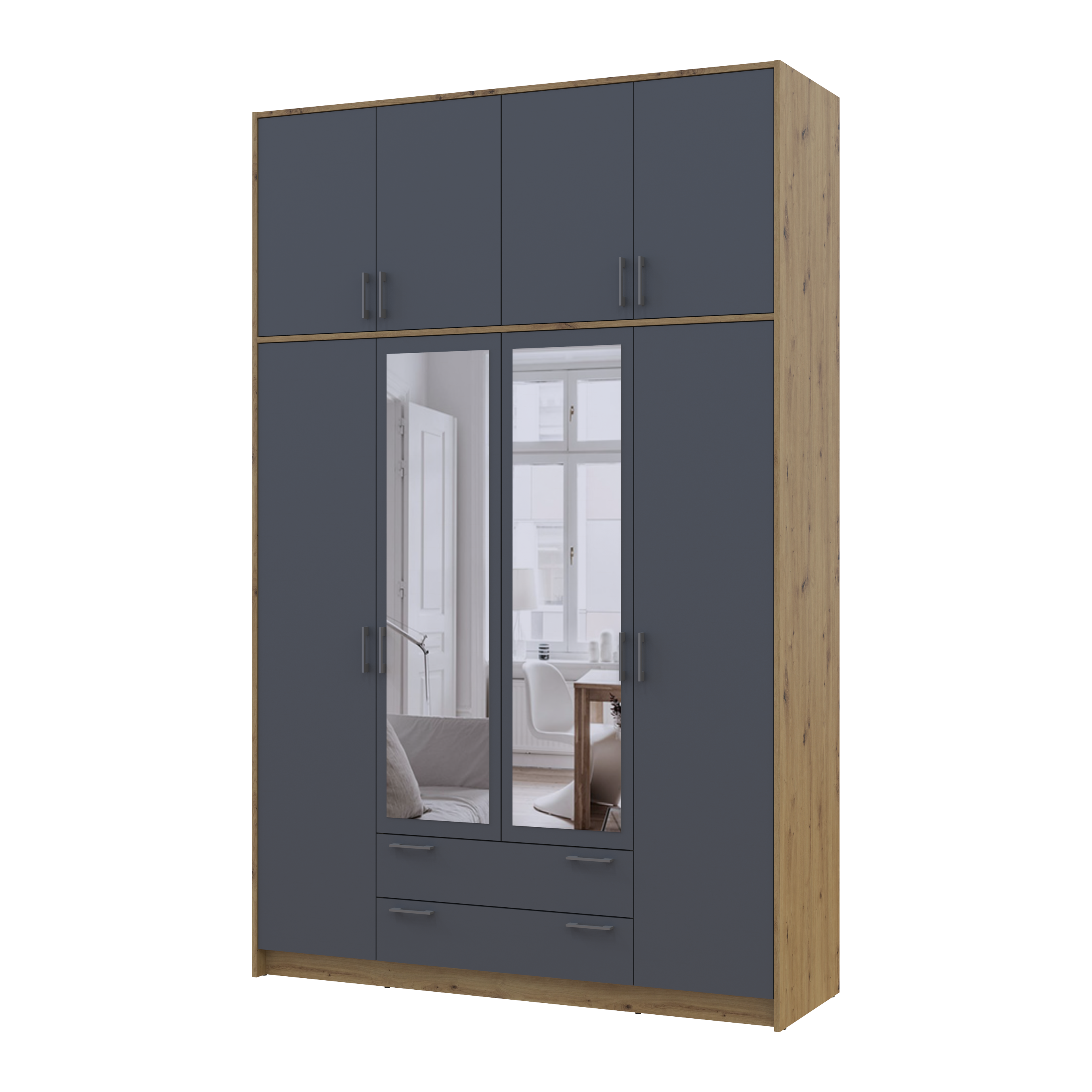 Шафа для одягу Doros Ронді з високою антресолею та дзеркалом Дуб Артізан/Графіт 4 ДСП 160х52х260 (42005191)