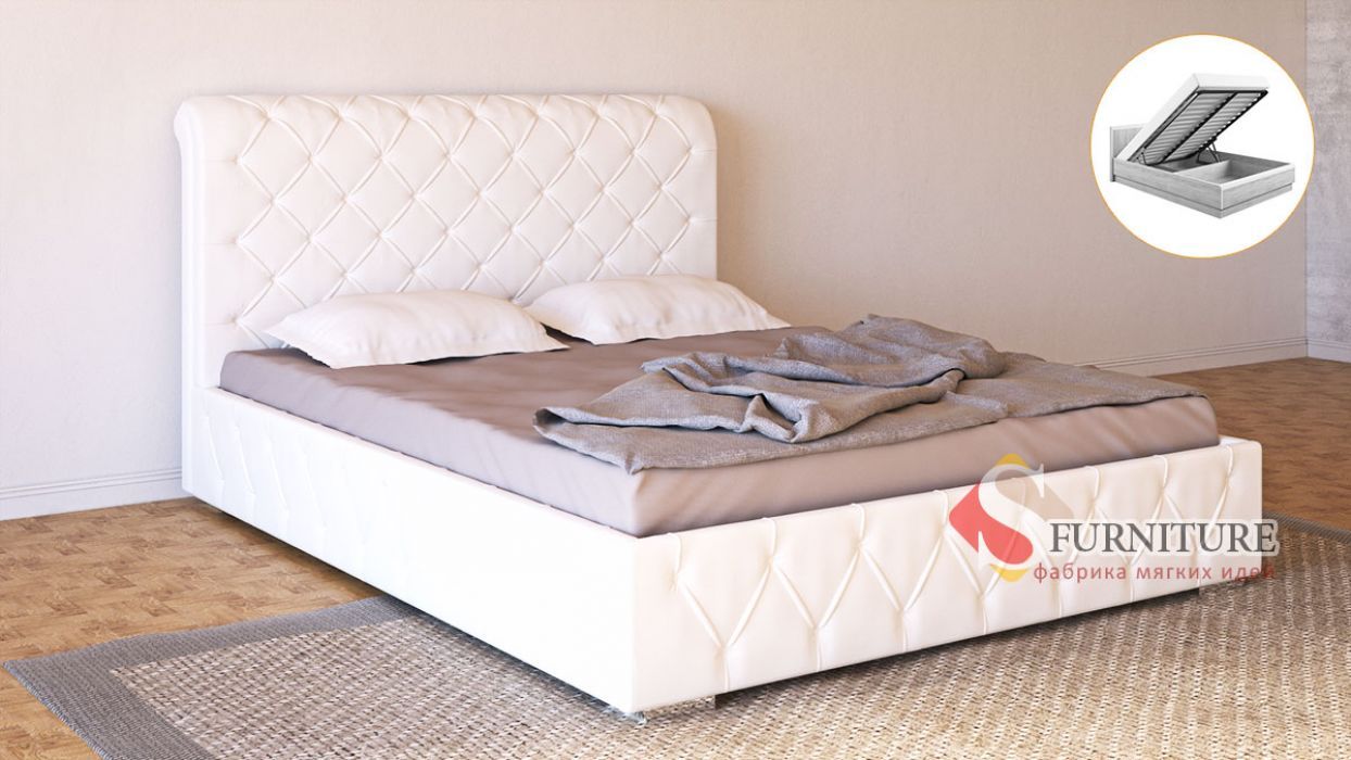 Кровать-подиум белая «Алиция» с подъемным механизмом 180*190 | с матрасом беспружинным - Softness (Pristine Up)