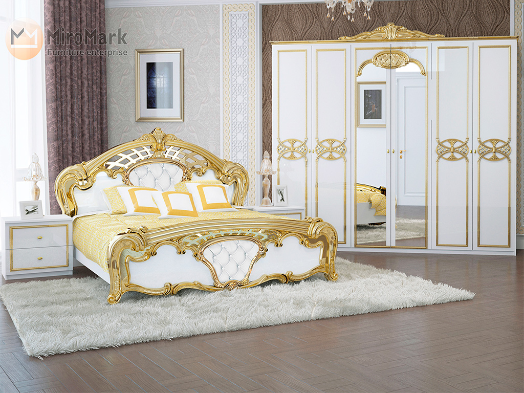 Спальня Єва (М) Глянець білий + Золото (Ліжко, Тумбочки 2Ш - 2 шт, Шафа 6Д)