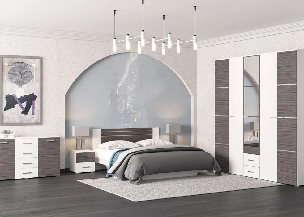 Спальня Kruiz • Белый + Дакар (кровать + тумбочки 2шт + шкаф 5Д + комод)