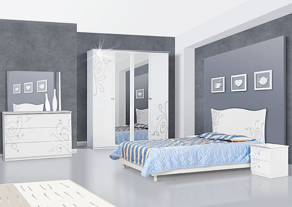 Спальня Felicia Nova • Белый (кровать + тумбочки 2шт + шкаф 4Д + комод + зеркало)
