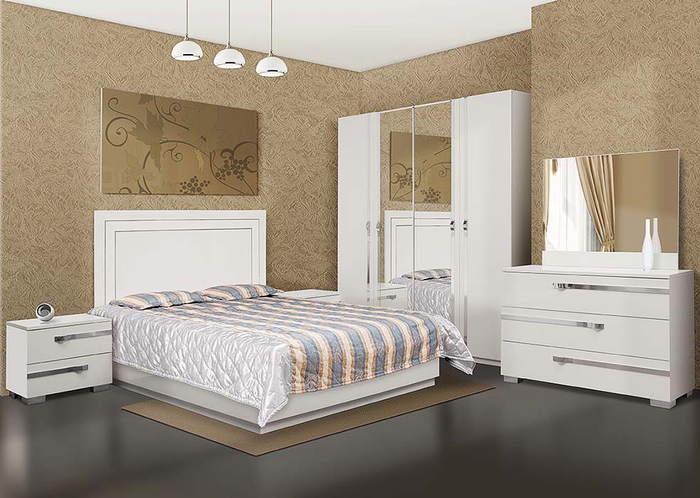 Спальня Extaza • Белый (кровать + тумбочки 2шт + шкаф 4Д + комод + зеркало)