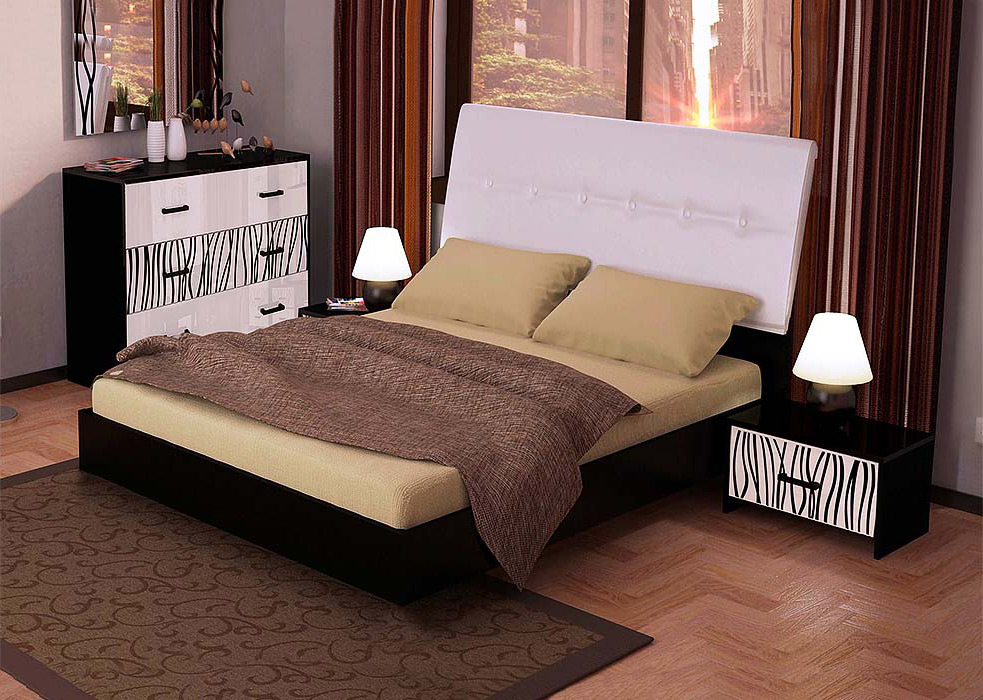 Спальня Терра (М) Глянец белый + Мат черный (Кровать, Тумбочки 1Ш - 2 шт, Зеркало, Комод 3Ш)