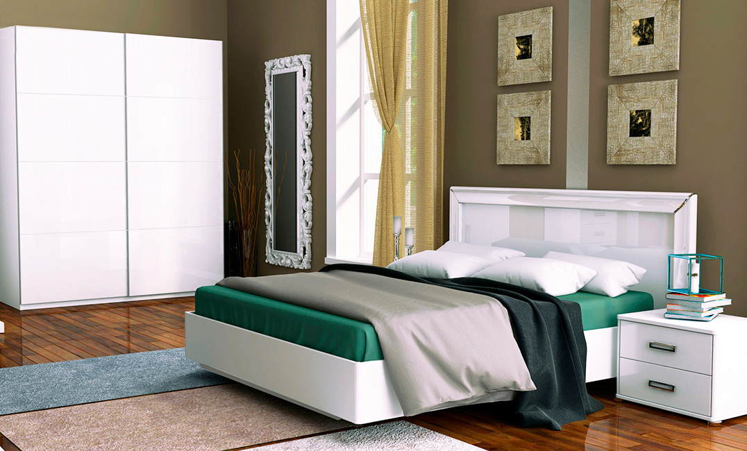 Спальня Белла Глянец белый (Кровать, Тумбочки 2Ш - 2 шт, Зеркало, Шкаф купе 2Д)
