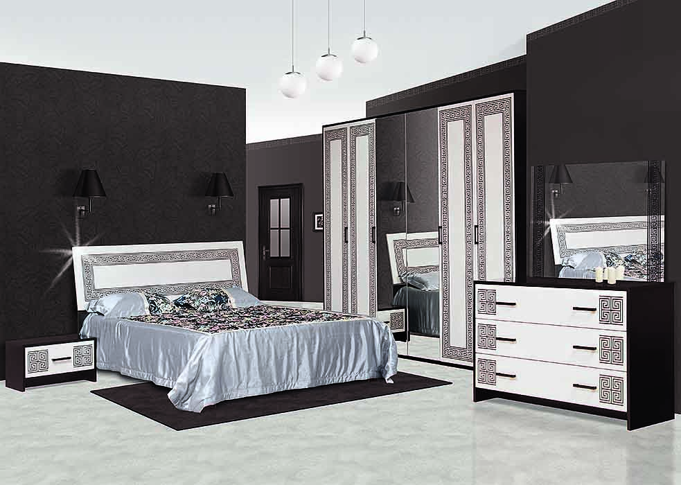 Спальня Basia Nova Olympia • Чорний + Білий Лак (ліжко + тумбочки 2шт + шафа 4Д + комод + дзеркало)