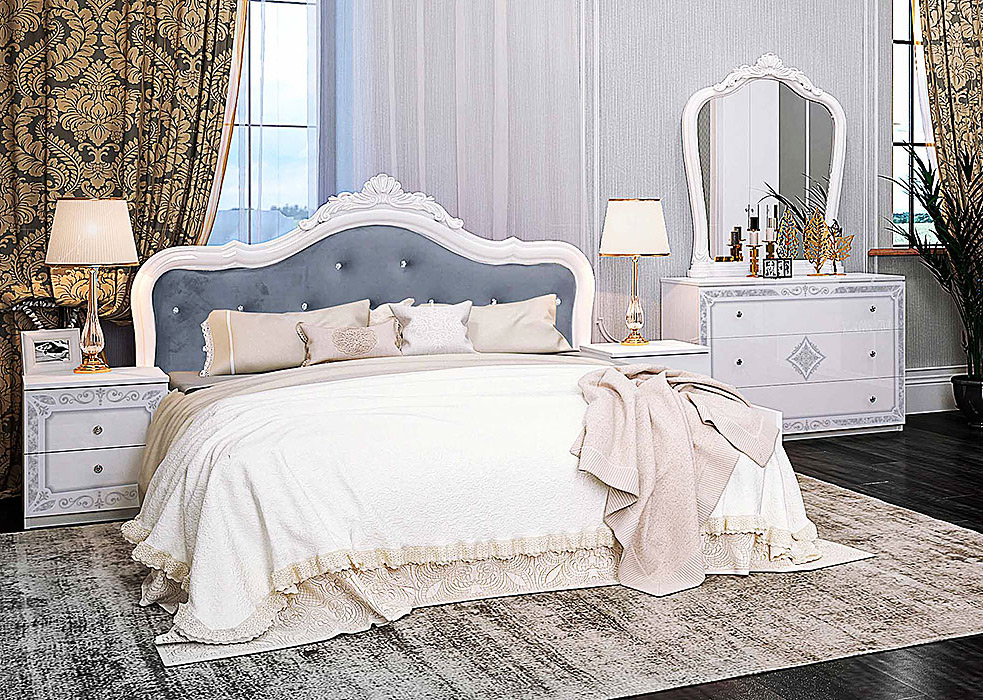 Спальня Луиза Глянец белый (Кровать, Тумбочки 2Ш - 2 шт, Зеркало, Комод 3Ш)
