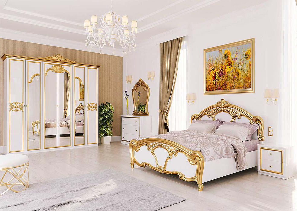 Спальня Ева Глянец белый + Золото (Кровать, Тумбочки 2Ш - 2 шт, Шкаф 6Д, Зеркало, Комод 3Ш)