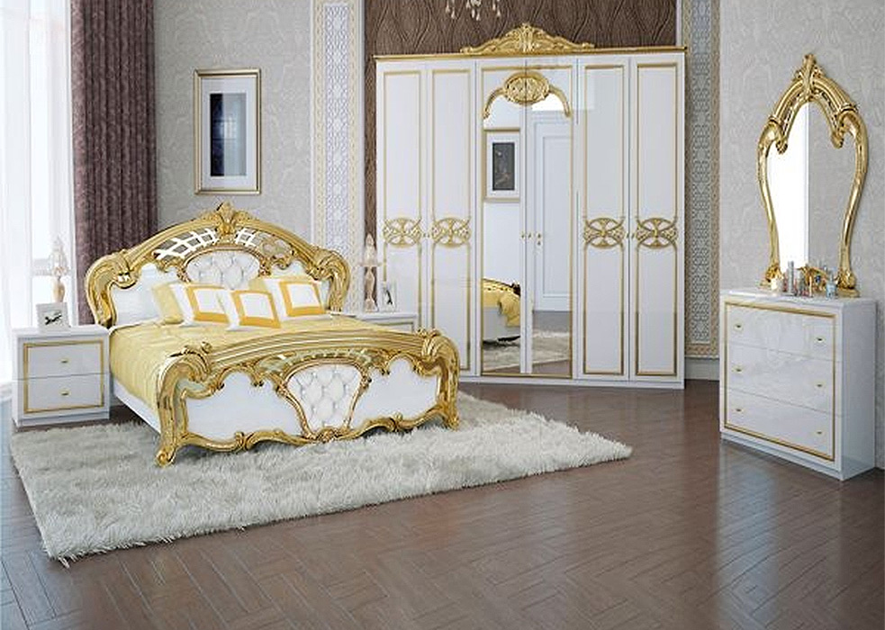 Спальня Ева (М) Глянец белый + Золото (Кровать, Тумбочки 2Ш - 2 шт, Шкаф 6Д, Зеркало, Комод 3Ш)