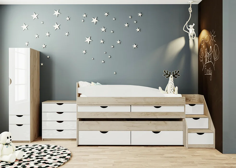 Детская с двухъярусной кроватью Savanna • Дуб Крафт Серый + Белый (МДФ Глянец) (кровать + лестница 3Ш + комод + пенал)