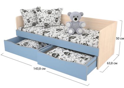 Ліжко односпальне Софіно КДО-001Я | Спальне місце 60x140 см | Дуб молочний + Синій капрі