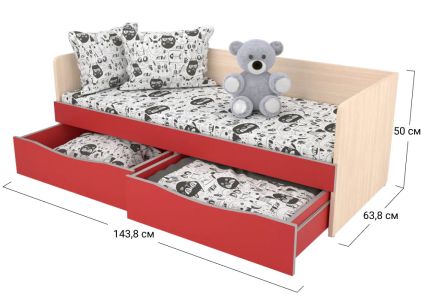 Ліжко односпальне Софіно КДО-001Я | Спальне місце 60x140 см | Дуб молочний + Червоний